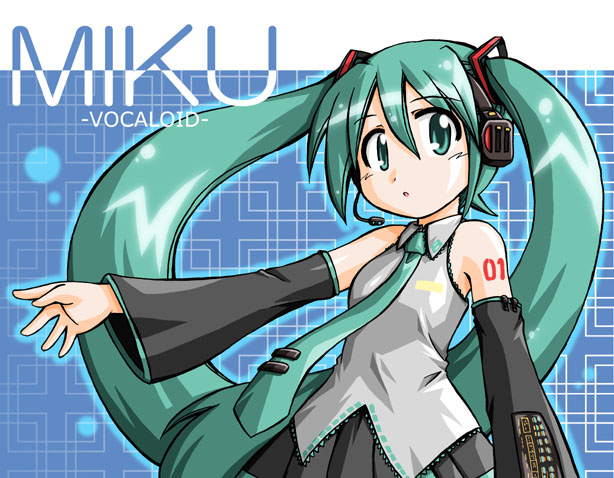 furafura, hatsune miku, vocaloid, 1girl, :o, aqua hair, arm at side, black skirt, blue background, blush, character name, collared shirt, copyright name, detached sleeves, female focus, grey shirt, hair between eyes, hair ornament, headphones, headset, long hair, looking at viewer, microphone, miniskirt, necktie, outstretched arm, pleated skirt, shirt, simple background, skirt, solo, tattoo, twintails, upper body