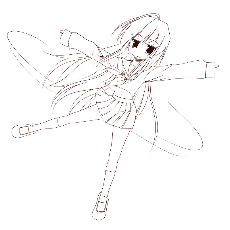 fictional sister, izumi konata, lucky star, 00s, 1girl, female focus, full body, greyscale, long hair, long sleeves, looking at viewer, mary janes, miniskirt, monochrome, motion lines, pleated skirt, sailor collar, school uniform, serafuku, shoes, simple background, skirt, solo, spinning, very long hair, white background
