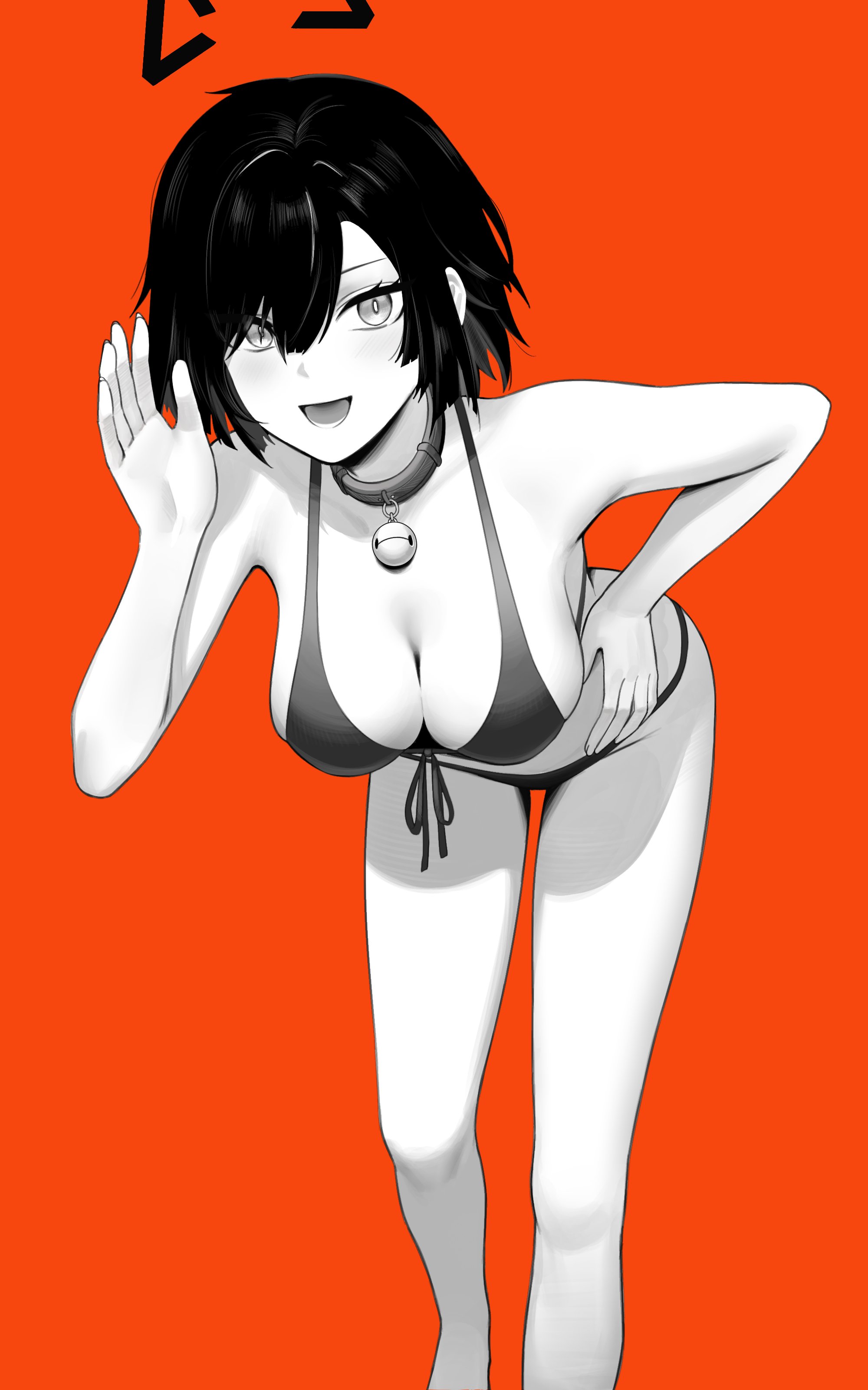 sedai, catherine (sedai), original, absurdres, highres, tagme, 1girl, :d, bell, bikini, breasts, cleavage, greyscale, hand on own hip, leaning forward, looking at viewer, monochrome, neck bell, open mouth, red background, simple background, smile, swimsuit
