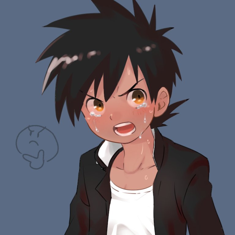 kimura b, original, bad id, bad twitter id, commentary, 1boy, black hair, brown eyes, crying, dark-skinned male, dark skin, emoji, furrowed brow, gakuran, grey background, male focus, open mouth, school uniform, shirt, short hair, solo, tan, upper body, white shirt