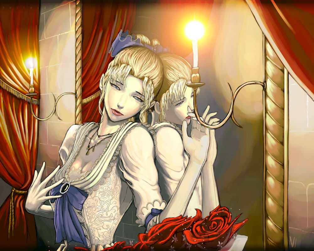 celes chere, final fantasy, final fantasy vi, 1990s (style), 1girl, blonde hair, blue eyes, bow, dress, elbow gloves, female focus, flower, gloves, long hair, mirror, red flower, red rose, reflection, retro artstyle, ribbon, rose, solo