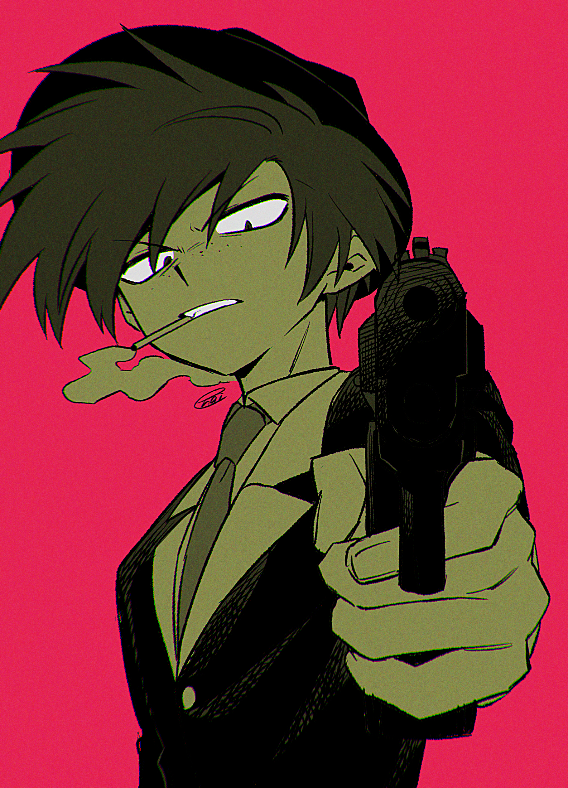 menma (enaic31), arackniss, hazbin hotel, hellaverse, absurdres, commentary request, highres, 1boy, aiming, aiming at viewer, buttons, chromatic aberration, cigarette, clenched teeth, collared shirt, fedora, film grain, fingernails, foreshortening, freckles, from below, glowing, glowing eyes, gun, hat, hatching (texture), high contrast, holding, holding gun, holding weapon, humanization, lapels, looking at viewer, male focus, mouth hold, necktie, notched lapels, red background, shirt, short hair, signature, simple background, smoke, solo, teeth, upper body, v-shaped eyebrows, weapon