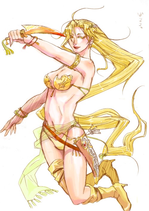 barbariccia, final fantasy, final fantasy iv, 1990s (style), 1girl, armpits, bikini, blonde hair, boots, breasts, dagger, female focus, jewelry, knife, long hair, lots of jewelry, retro artstyle, simple background, solo, swimsuit, thighhighs, weapon, yellow bikini, yellow eyes