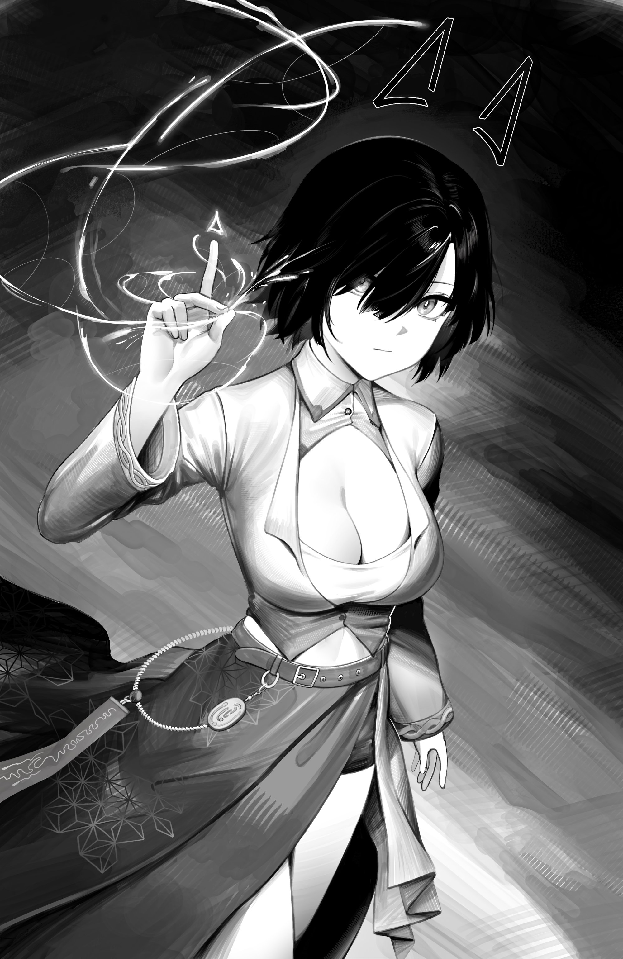 sedai, catherine (sedai), original, absurdres, highres, tagme, 1girl, belt, black hair, breasts, cleavage, greyscale, index finger raised, large breasts, monochrome