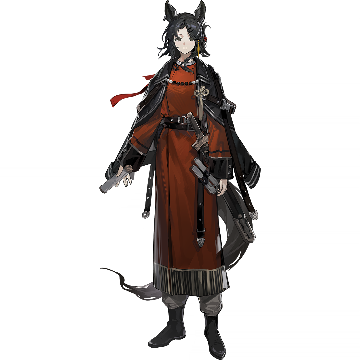 arknights, highres, official art, third-party source, 1girl, animal ears, ankle boots, belt, black belt, black boots, black eyes, black hair, black jacket, boots, brown pants, chinese clothes, closed mouth, full body, holding, holding scroll, jacket, jacket on shoulders, long hair, long sleeves, looking at viewer, pants, red yuanlingpao, scabbard, scroll, sheath, sheathed, simple background, solo, standing, sword, tachi-e, tail, transparent background, weapon, yuanlingpao