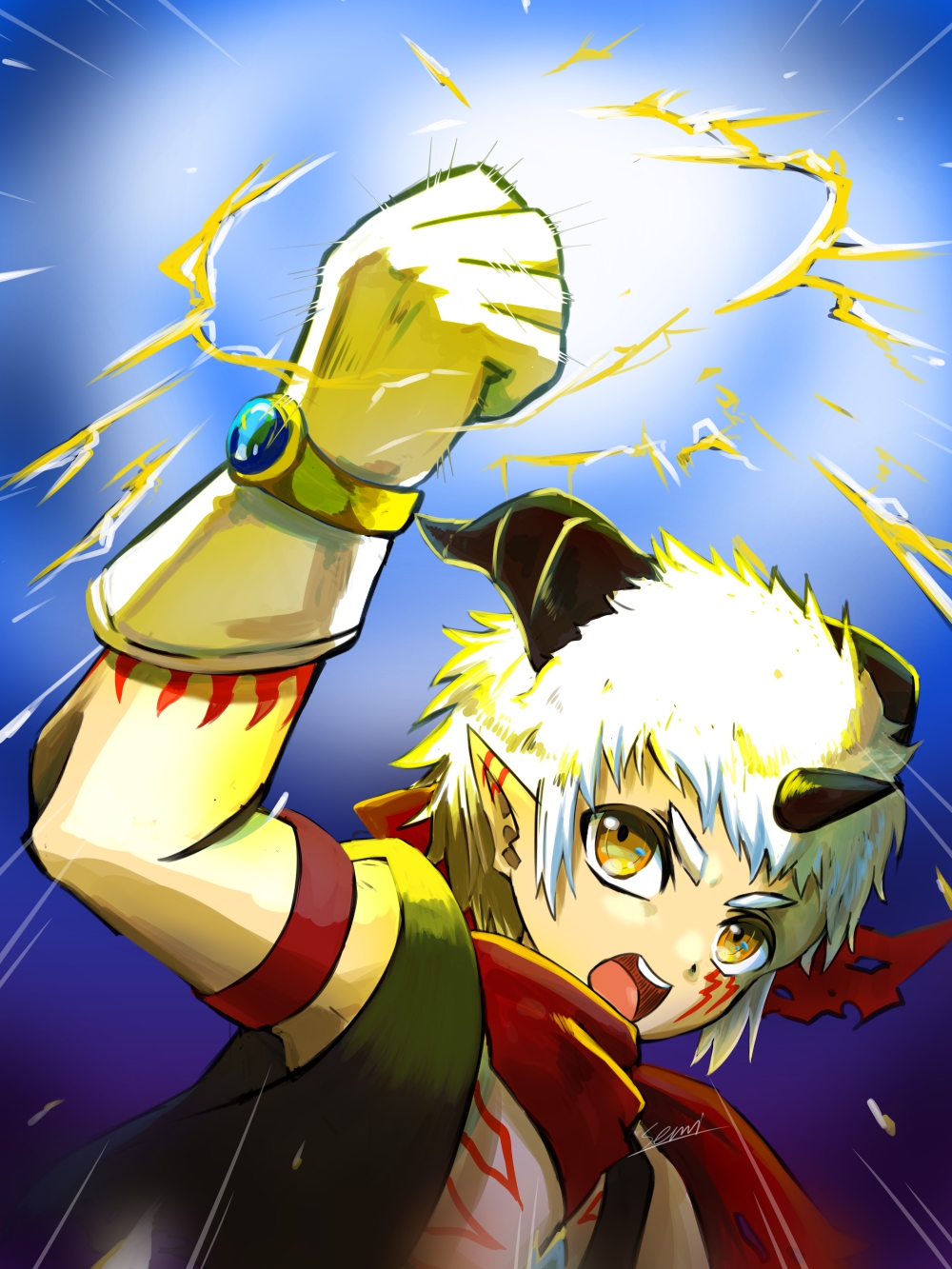0903 senri, aegiomon, digimon, highres, black vest, blue background, body markings, chest jewel, clenched hand, digimon (creature), electricity, facial mark, gloves, horns, no shirt, open mouth, pointy ears, simple background, solo, upper body, vest, white gloves, white hair
