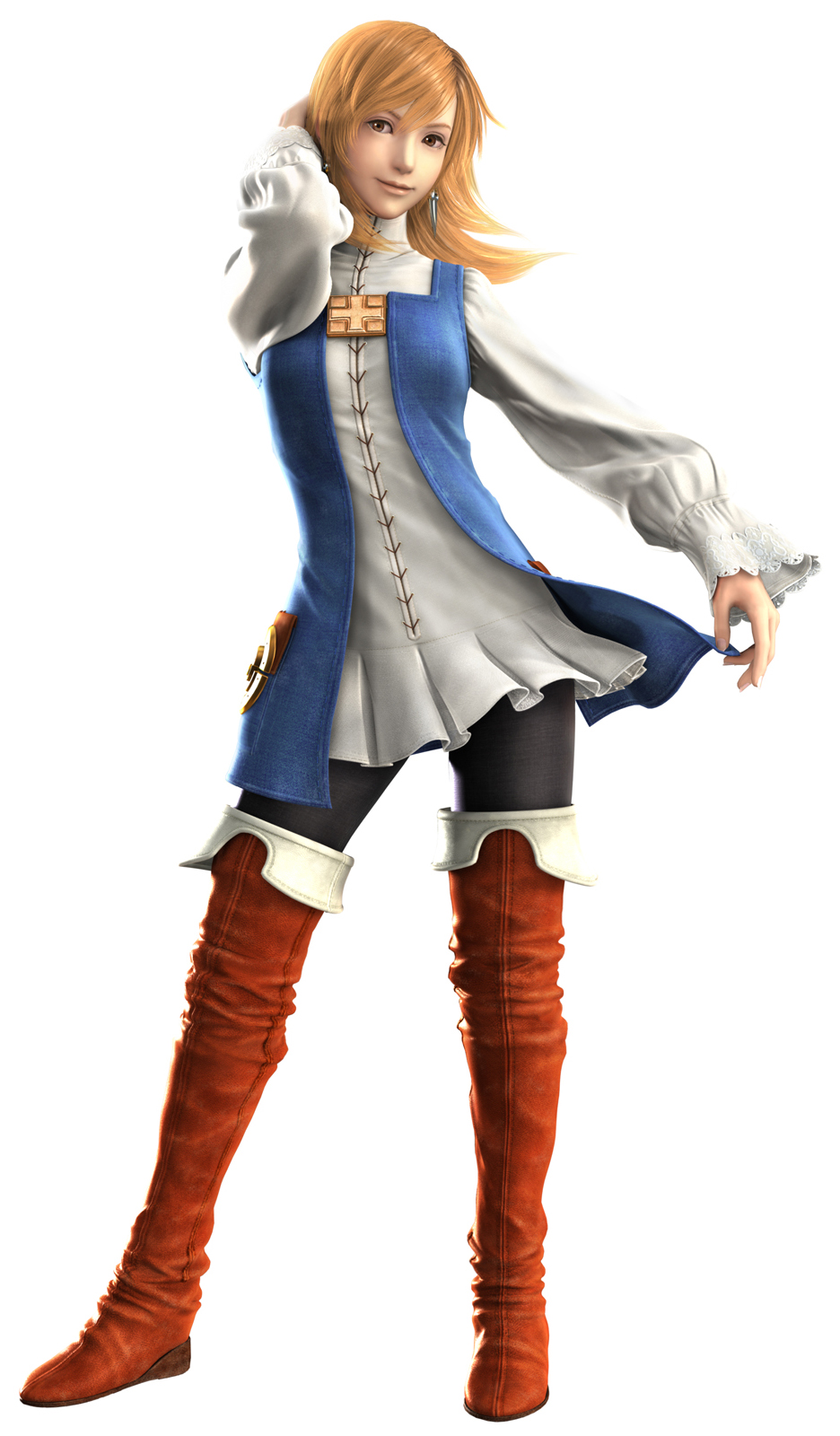 refia, final fantasy, final fantasy iii, highres, official art, 1990s (style), 1girl, 3d, boots, brown eyes, brown hair, female focus, full body, leggings, pantyhose, retro artstyle, simple background, skirt, solo, thigh boots, thighhighs