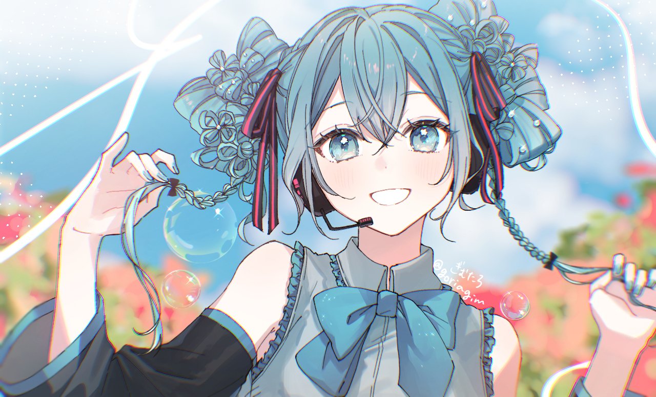 gimtaro, hatsune miku, vocaloid, commentary, english commentary, 1girl, alternate hairstyle, aqua eyes, aqua hair, aqua nails, bare shoulders, black sleeves, blue bow, blue bowtie, blue eyes, blue hair, blue nails, blue sky, blurry, blurry background, blush, bow, bowtie, braid, bubble, collared shirt, crossed bangs, day, detached sleeves, double bun, flower, frilled shirt, frills, grey shirt, grin, hair between eyes, hair bun, hair ribbon, hands up, headset, holding, long hair, looking at viewer, nail polish, outdoors, red ribbon, ribbon, shirt, sky, sleeveless, sleeveless shirt, smile, solo, twin braids, twintails, upper body