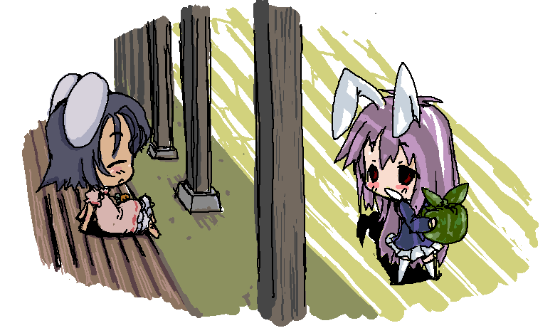 baku taso, itigekimaru, inaba tewi, reisen udongein inaba, touhou, 2girls, animal ears, chibi, female focus, multiple girls, outdoors, rabbit ears, sitting, standing