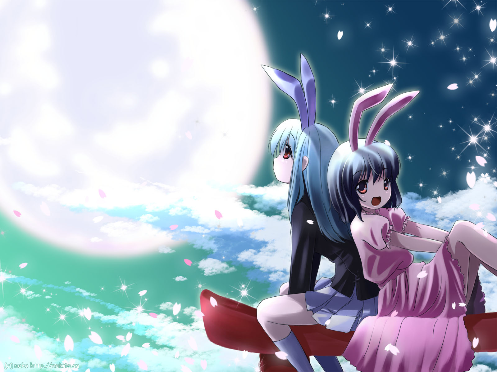 nekito, inaba tewi, reisen udongein inaba, touhou, highres, 2girls, :d, alternate hair color, animal ears, back-to-back, black hair, blue hair, cloud, dress, female focus, full moon, long hair, moon, multiple girls, night, open mouth, petals, rabbit ears, red eyes, shirt, short hair, sitting, skirt, smile, socks, sparkle, torii