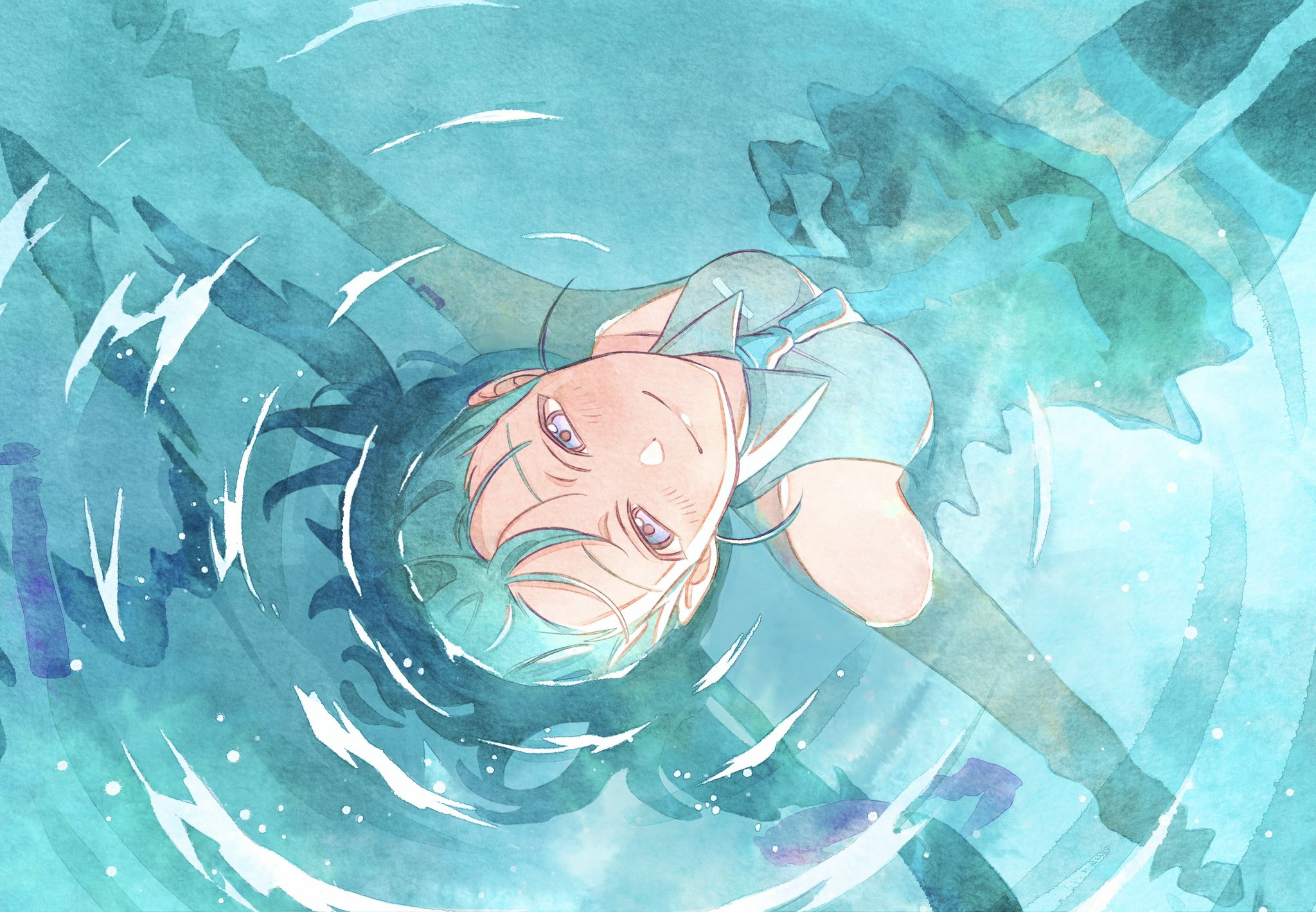 pato (ptro), hatsune miku, vocaloid, highres, 1girl, afloat, aqua hair, aqua necktie, aqua theme, bare shoulders, black skirt, black thighhighs, blue necktie, blue theme, blush, breasts, closed mouth, collared shirt, detached sleeves, from above, grey shirt, half-closed eyes, long hair, looking at viewer, lying, necktie, on back, outstretched arms, partially submerged, pleated skirt, ripples, shirt, skirt, sleeveless, sleeveless shirt, smile, solo, thighhighs, twintails, water, zettai ryouiki