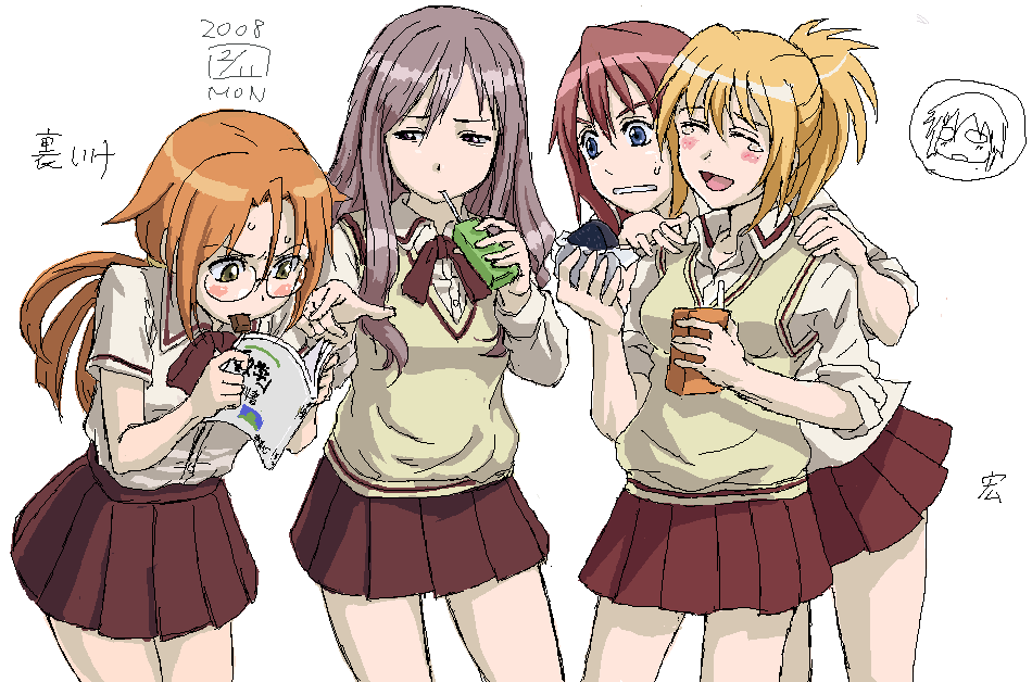 ikeda (cpt), azuma satori, chiba kirino, kuwahara sayako, miyazaki miyako, bamboo blade, hands on shoulders, 00s, 4girls, blonde hair, blush, book, brown eyes, brown hair, dated, food, juice box, laughing, multiple girls, oekaki, onigiri, open book, orange hair, pointing, purple eyes, reading, school uniform, serafuku, skirt, sleeves rolled up, tears, vest