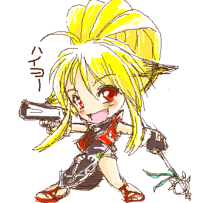 motar, xiaomu, banpresto, capcom, namco, namco x capcom, super robot wars, super robot wars og saga mugen no frontier, bad id, bad pixiv id, lowres, animal ears, blonde hair, chibi, fox ears, ponytail, solo