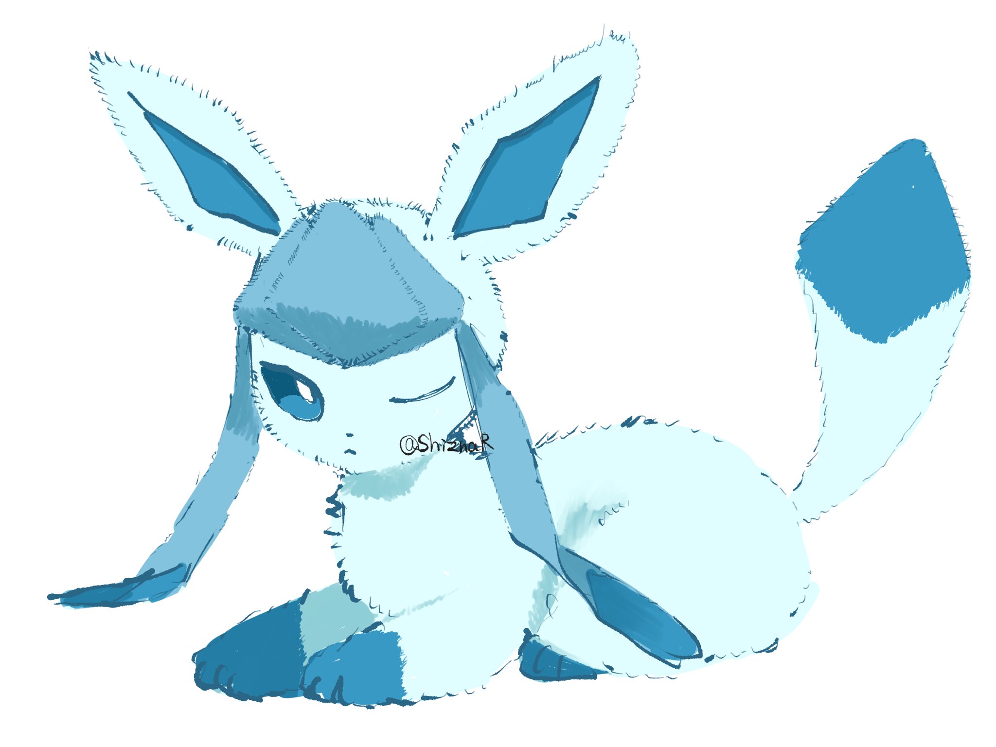 shiznar, glaceon, nintendo, pokemon, commentary request, highres, animal focus, blue eyes, closed mouth, gen 4 pokemon, lying, no humans, one eye closed, pokemon (creature), pokemon focus, simple background, solo, twitter username, white background