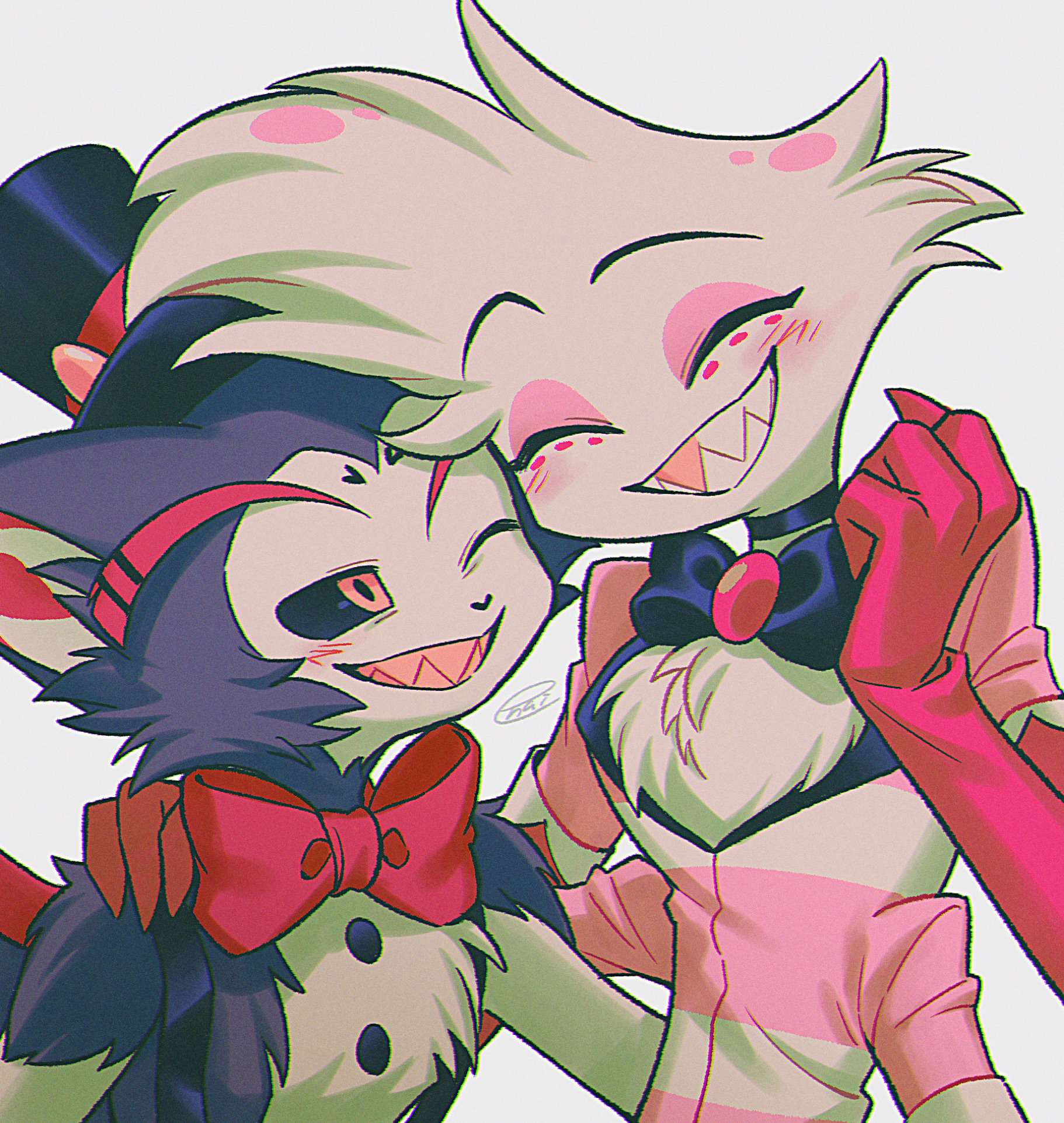 menma (enaic31), angel dust, husk (hazbin hotel), hazbin hotel, hellaverse, commentary request, highres, 2boys, :d, ;d, ^ ^, black bow, black bowtie, black choker, black fur, black hat, black sclera, blush, bow, bowtie, cat boy, cheek-to-cheek, choker, chromatic aberration, clenched hand, closed eyes, colored sclera, colored teeth, elbow gloves, extra arms, eyeshadow, fewer digits, film grain, gloves, grey background, grin, hand on another's shoulder, hand up, hat, heads together, looking at another, makeup, male focus, multiple boys, one eye closed, open mouth, pink brooch, pink eyeshadow, pink gloves, pink shirt, red bow, red bowtie, sharp teeth, shirt, signature, simple background, smile, suspenders, teeth, top hat, traditional bowtie, two-tone fur, two-tone shirt, white fur, white gloves, white shirt, yellow eyes, yellow teeth