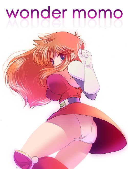 108 gou, kanda momo, namco, wonder momo, 1girl, armor, ass, belt, blue eyes, boots, breasts, clenched hands, copyright name, dress, elbow gloves, female focus, from side, gloves, knee boots, knee pads, large breasts, long hair, long sleeves, looking at viewer, looking back, orange hair, panties, pantyshot, pauldrons, red dress, short dress, shoulder armor, sidelocks, simple background, solo, standing, thick thighs, thighs, underwear, white background, white gloves, white panties