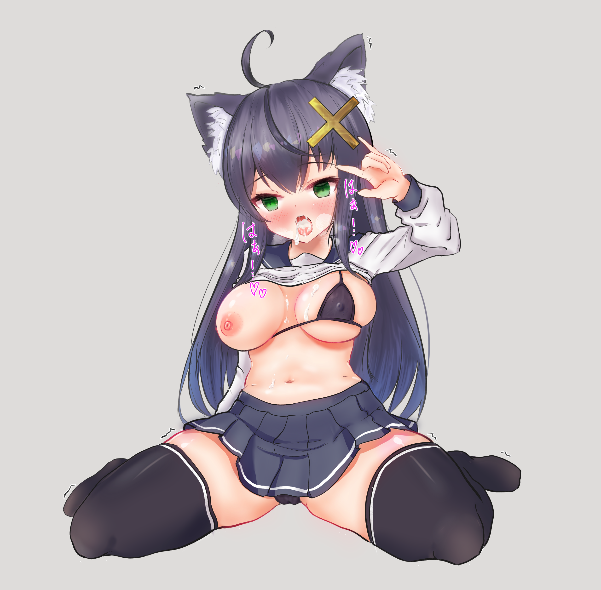 ankuru (ankle art2), kiyohime lore, emil chronicle online, absurdres, highres, 1girl, ahoge, animal ears, bikini, black bikini, black hair, black pants, black skirt, black thighhighs, blush, breasts, breath, cross hair ornament, cum, cum in mouth, cum on body, cum on breasts, cum on upper body, empty eyes, fake animal ears, green eyes, grey background, hair ornament, large breasts, long hair, micro bikini, navel, nipples, official alternate costume, pants, pleated skirt, school uniform, serafuku, sitting, skirt, solo, swimsuit, thighhighs, w, wariza