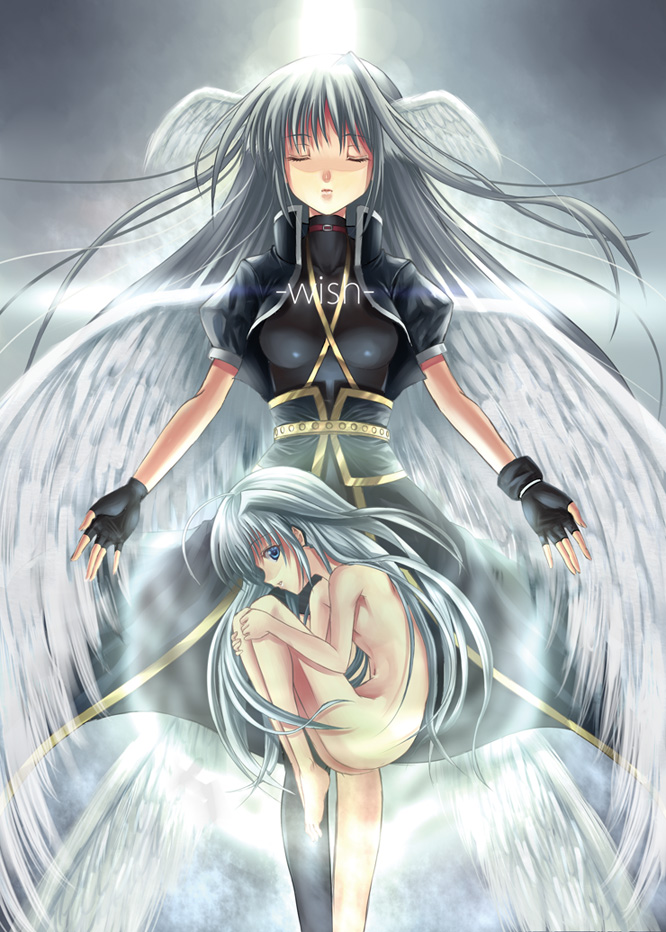 kitiroku, reinforce, reinforce zwei, lyrical nanoha, mahou shoujo lyrical nanoha, mahou shoujo lyrical nanoha a's, mahou shoujo lyrical nanoha strikers, silver hair, 00s, 2girls, asymmetrical legwear, barefoot, blue eyes, closed eyes, fingerless gloves, gloves, head wings, long hair, multiple girls, multiple wings, nude, uneven legwear, wings