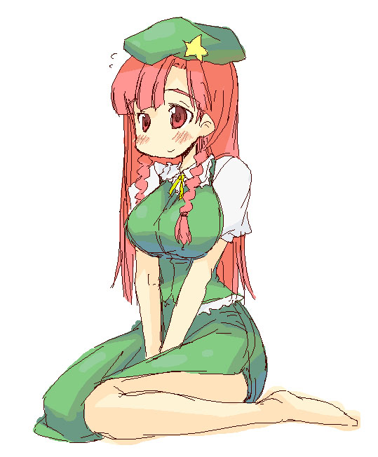 raina, hong meiling, embodiment of scarlet devil, touhou, 1girl, barefoot, blush, braid, female focus, kneeling, oekaki, sitting, solo, twin braids