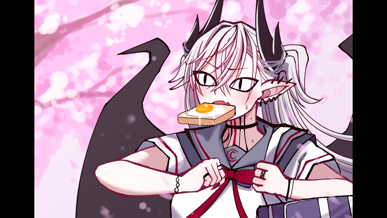 mcpc zamurai, larva tiamat (fate), lilith (fate), tiamat (fate), fate/grand order, fate (series), highres, 1girl, bag, bat wings, bread, bread slice, cosplay, demon horns, earrings, egg, food, food in mouth, horns, jewelry, larva tiamat (fate) (cosplay), larva tiamat (swimsuit archer) (second ascension) (fate), mouth hold, neck tattoo, parody, sailor collar, school bag, school uniform, single earring, solo, tattoo, toast, toast in mouth, twintails, white hair, wings