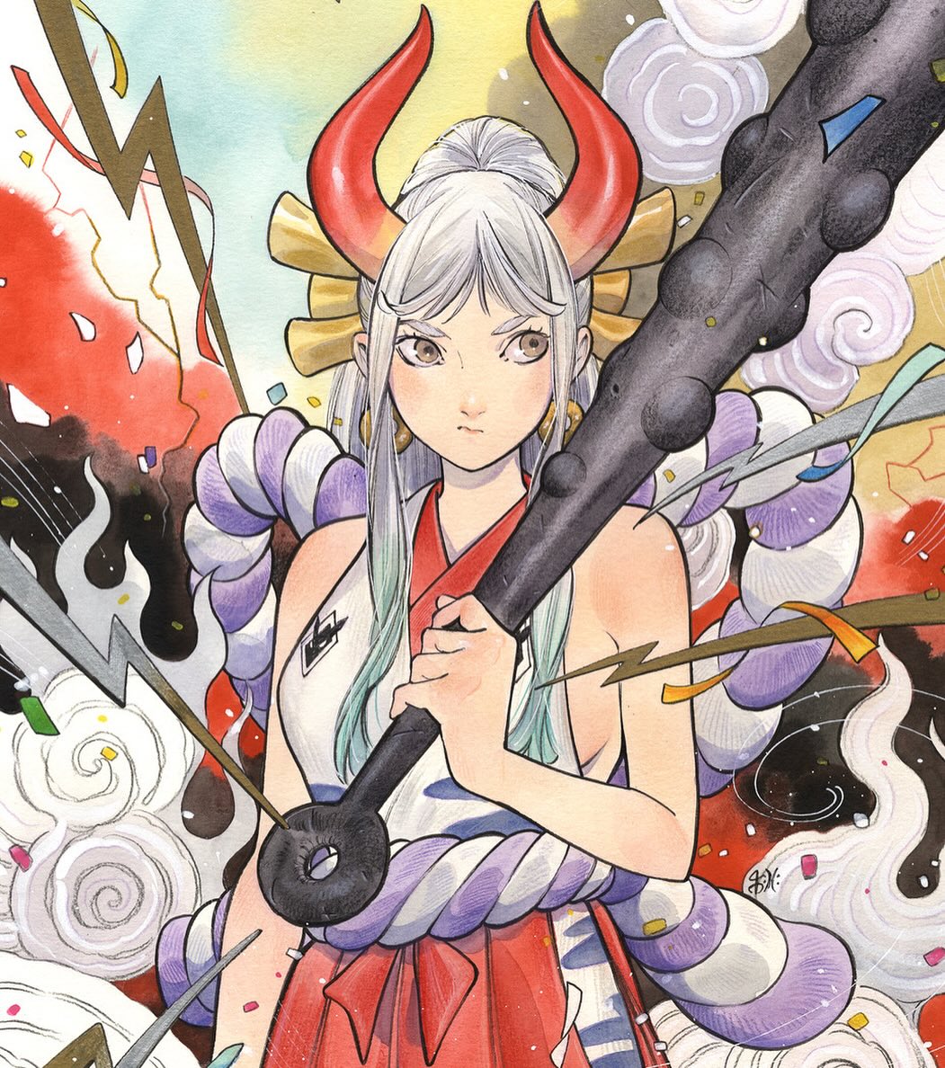 peach momoko, yamato (one piece), one piece, one piece card game, commentary, official art, 1girl, brown eyes, closed mouth, club, club (weapon), confetti, cowboy shot, hakama, haki (one piece), holding, holding weapon, horns, japanese clothes, kanabou, kimono, looking to the side, red hakama, red horns, rope, shimenawa, sidelocks, sleeveless, sleeveless kimono, solo, weapon, white hair, white kimono