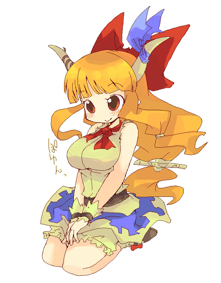 raina, ibuki suika, touhou, 1girl, blush, breasts, female focus, horns, large breasts, long hair, low-tied long hair, oekaki, orange hair, red eyes, seiza, simple background, sitting, smile, solo, white background