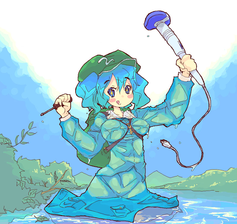 raina, kawashiro nitori, touhou, + +, 1girl, :q, backpack, bag, breasts, covered erect nipples, electric plug, female focus, hat, holding, holding screwdriver, key, medium breasts, oekaki, randoseru, screwdriver, solo, tongue, tongue out, tools, twintails, two side up, underwater, wet, wet clothes