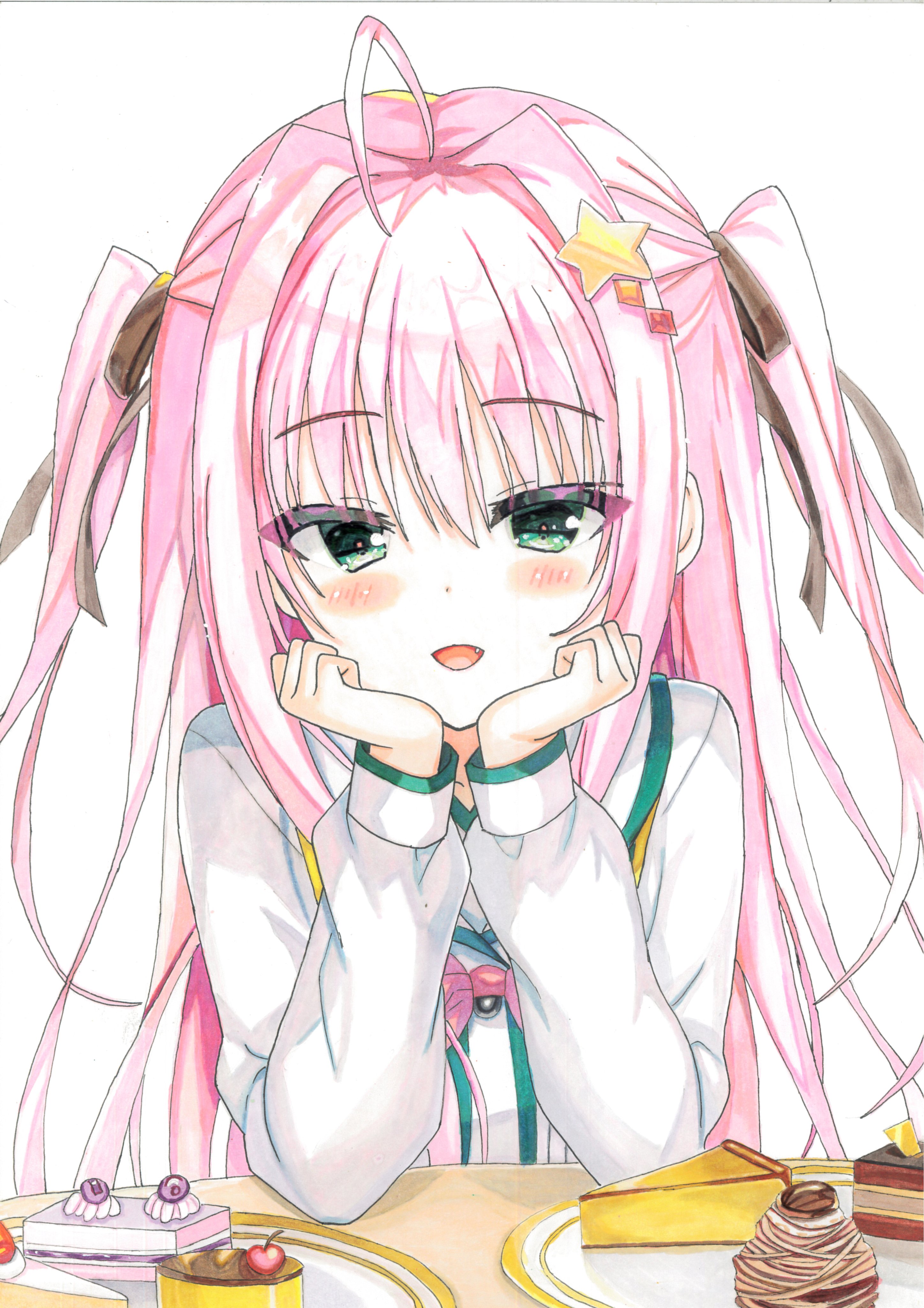 kare yousei, yato kukuru, select oblige, absurdres, commentary request, highres, traditional media, 1girl, :d, ahoge, black ribbon, blush, cake, cake slice, cherry, clenched hands, colored eyelashes, elbows on table, eyes visible through hair, fang, food, fruit, hair between eyes, hair intakes, hair ornament, hair ribbon, hands on own cheeks, hands on own face, long hair, long sleeves, open mouth, pink hair, ribbon, sailor collar, school uniform, serafuku, shirt, simple background, sitting, smile, solo, star (symbol), star hair ornament, table, tsurime, two side up, upper body, very long hair, white background, white sailor collar, white shirt