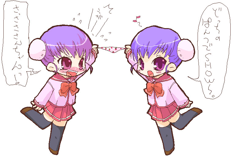 raina, himeyuri ruri, himeyuri sango, to heart (series), to heart 2, 00s, blush, bun cover, chibi, double bun, hair bun, holding, holding panties, holding underwear, holding unworn clothes, oekaki, panties, symmetry, tears, thighhighs, underwear