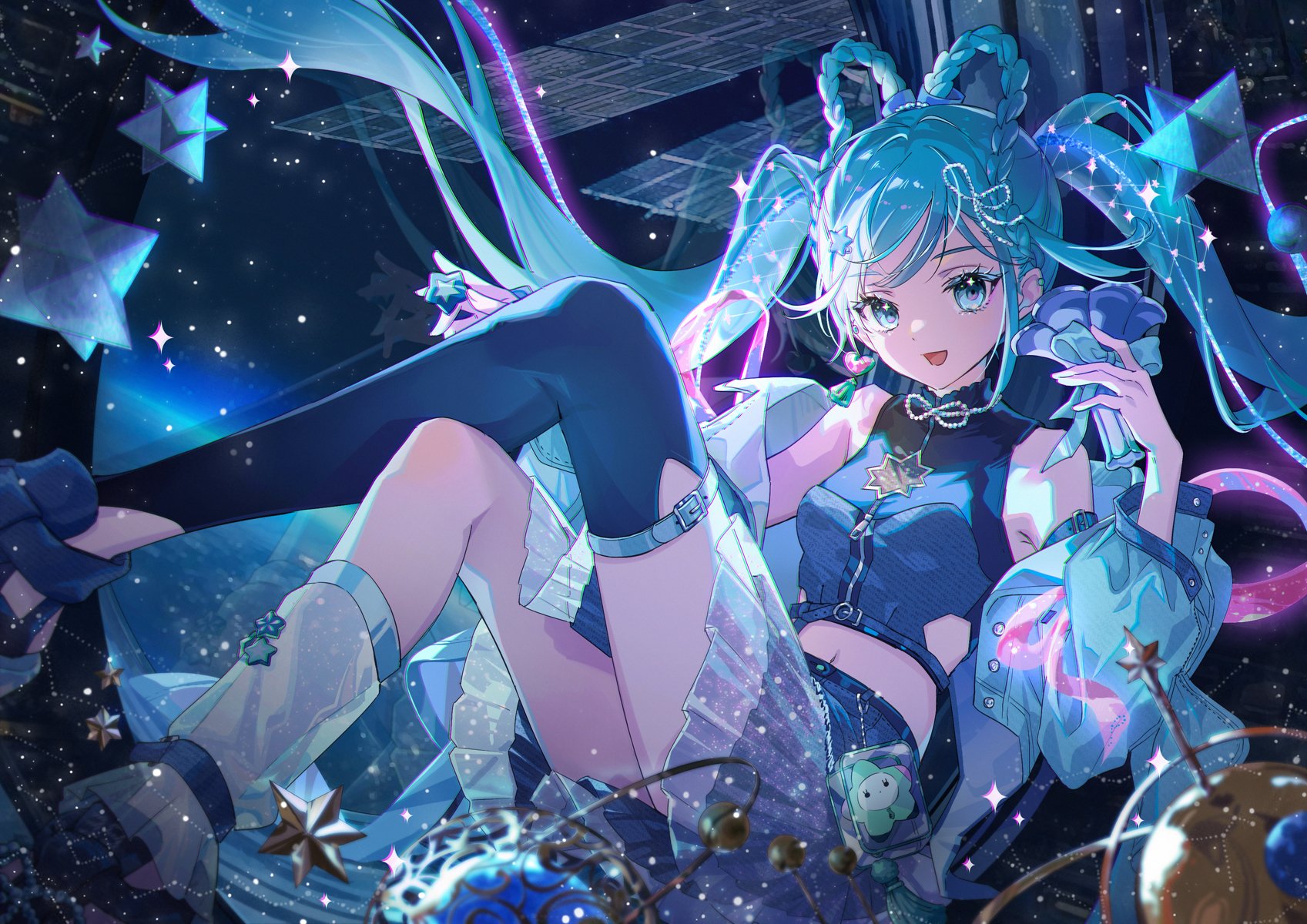 ouu min, hatsune miku, magical mirai miku, magical mirai miku (2025), magical mirai (vocaloid), vocaloid, highres, 1girl, asymmetrical legwear, bare shoulders, black thighhighs, blue eyes, blue hair, blue jacket, blue shirt, blue skirt, braid, braided hair rings, breasts, crop top, earrings, hair ornament, hair rings, heart, holding, jacket, jewelry, long hair, looking at viewer, midriff, open clothes, open jacket, open mouth, planet, pleated skirt, shirt, shoes, single thighhigh, skirt, sleeveless, sleeveless shirt, smile, socks, solo, space, star (sky), star (symbol), thighhighs, twintails, very long hair