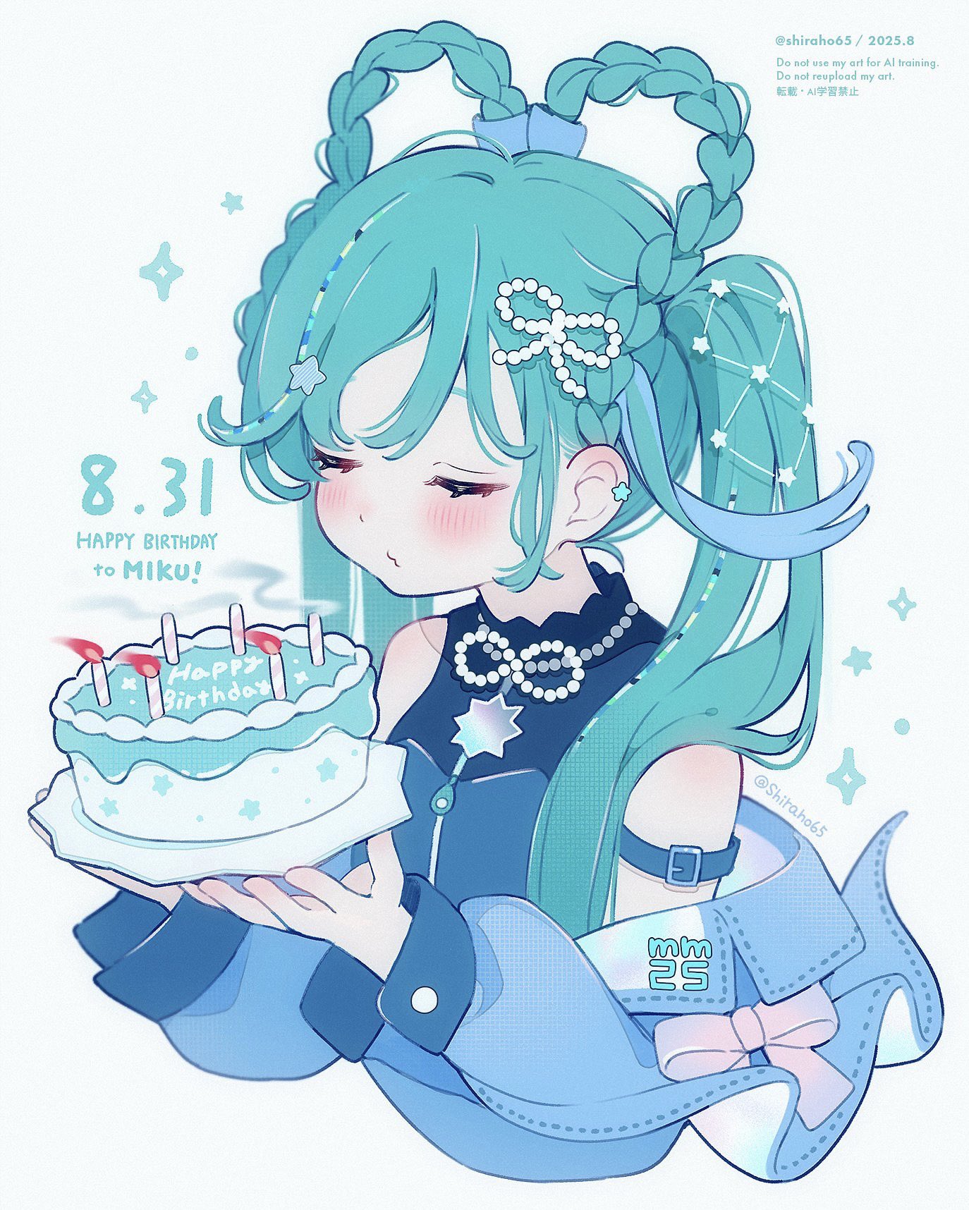 shiraho (color-56), hatsune miku, magical mirai miku, magical mirai miku (2025), magical mirai (vocaloid), vocaloid, highres, 1girl, aqua hair, arm strap, birthday, birthday cake, blowing, blue hair, blue jacket, blush, bow, braid, cake, candle, character name, closed eyes, constellation, dated, ear piercing, earrings, english text, food, hair ornament, hair rings, happy birthday, holding, holding food, holding plate, jacket, jewelry, long hair, long sleeves, multicolored hair, necklace, off shoulder, piercing, plate, shirt, simple background, sleeveless, sleeveless shirt, solo, star (symbol), star hair ornament, twintails, upper body, white background
