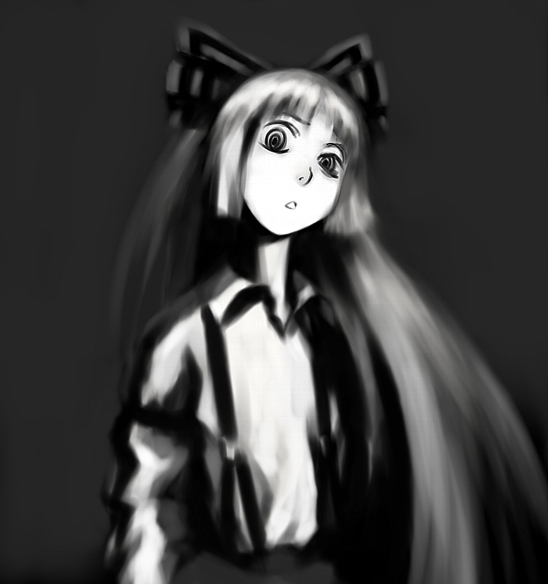 futon (kitsune tsuki), kitsune tsuki, fujiwara no mokou, touhou, 1girl, female focus, greyscale, looking at viewer, monochrome, open mouth, solo, staring, uneven eyes