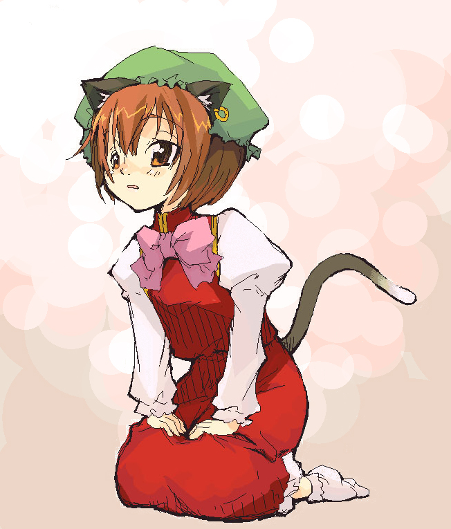 raina, chen, touhou, 1girl, animal ears, bow, brown eyes, brown hair, cat ears, cat girl, cat tail, earrings, female focus, full body, hat, jewelry, oekaki, seiza, short hair, sitting, solo, tail