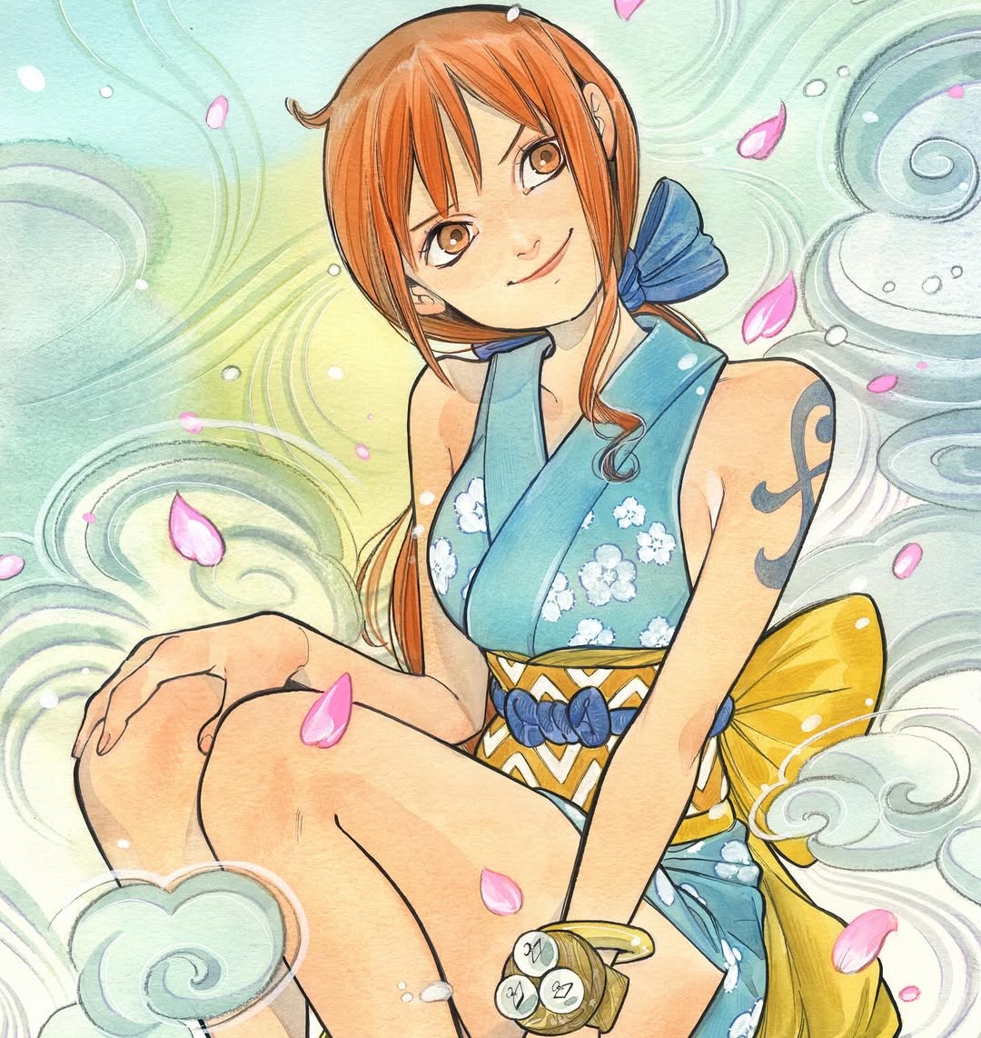 peach momoko, nami (one piece), one piece, one piece card game, commentary, official art, 1girl, arm tattoo, blue bow, blue kimono, bow, bracelet, closed mouth, hair bow, japanese clothes, jewelry, kimono, log pose, looking to the side, looking up, obi, orange eyes, orange hair, pink petals, ponytail, sash, short kimono, sitting, sleeveless, sleeveless kimono, smile, smoke, solo, tattoo, yellow sash