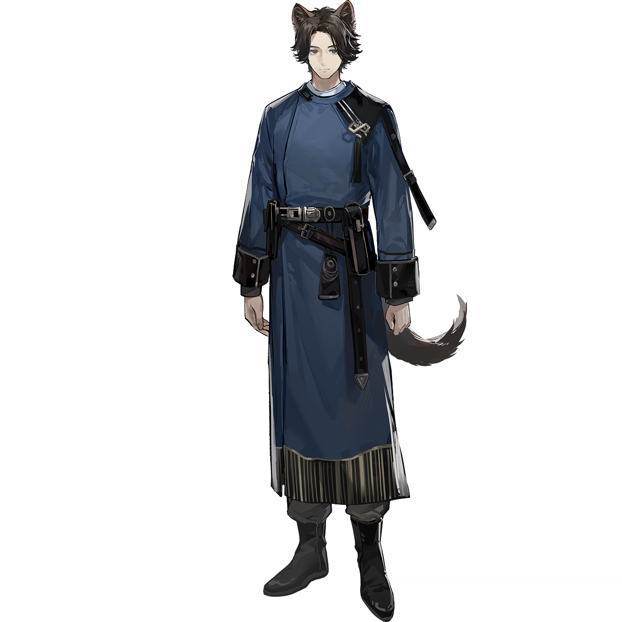 arknights, highres, official art, third-party source, 1boy, animal ears, ankle boots, belt, belt pouch, black belt, black boots, black eyes, black hair, blue yuanlingpao, boots, brown eyes, brown hair, brown pants, chinese clothes, closed mouth, full body, long sleeves, looking at viewer, male focus, pants, pouch, short hair, simple background, solo, standing, tachi-e, tail, transparent background, yuanlingpao