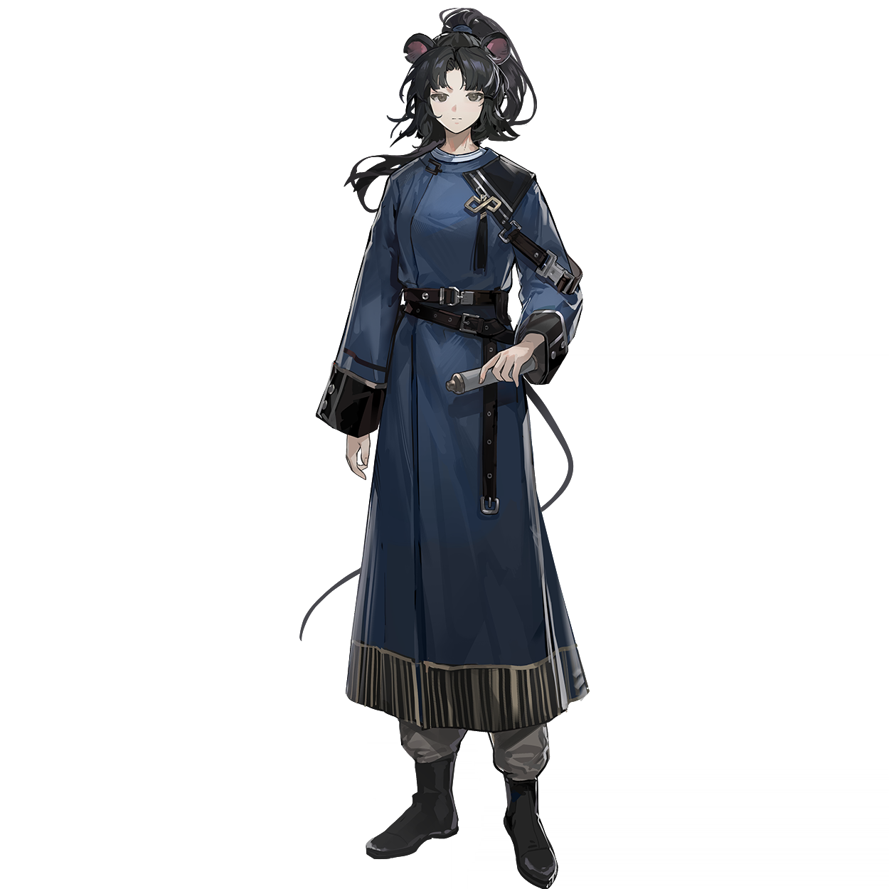 arknights, highres, official art, third-party source, 1girl, animal ears, ankle boots, belt, black belt, black boots, black eyes, black hair, blue yuanlingpao, boots, brown eyes, brown pants, chinese clothes, closed mouth, full body, high ponytail, holding, holding scroll, long hair, long sleeves, looking at viewer, pants, ponytail, scroll, simple background, solo, standing, tachi-e, tail, transparent background, yuanlingpao