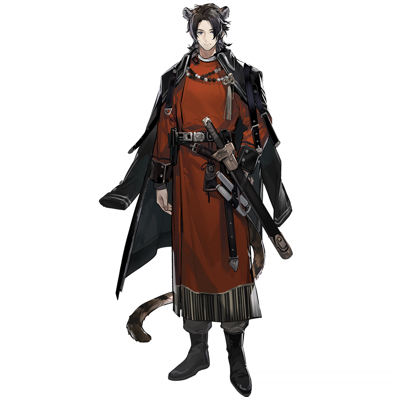 arknights, highres, official art, third-party source, 1boy, animal ears, ankle boots, belt, black belt, black boots, black coat, black eyes, black hair, boots, brown pants, chinese clothes, closed mouth, coat, coat on shoulders, full body, long sleeves, looking at viewer, male focus, medium hair, pants, red yuanlingpao, scabbard, sheath, sheathed, simple background, solo, standing, sword, tachi-e, tail, transparent background, weapon, yuanlingpao