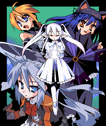 mof, redrantem, tomoshibi hidekazu, girl with a blonde braid (tomoshibi hidekazu), kikai-jikake no kuroneko, mof's silver haired twintailed girl, redrantem's orange haired girl, original, lowres, 4girls, blonde hair, borrowed character, grey hair, multiple girls, oekaki, twintails, white hair
