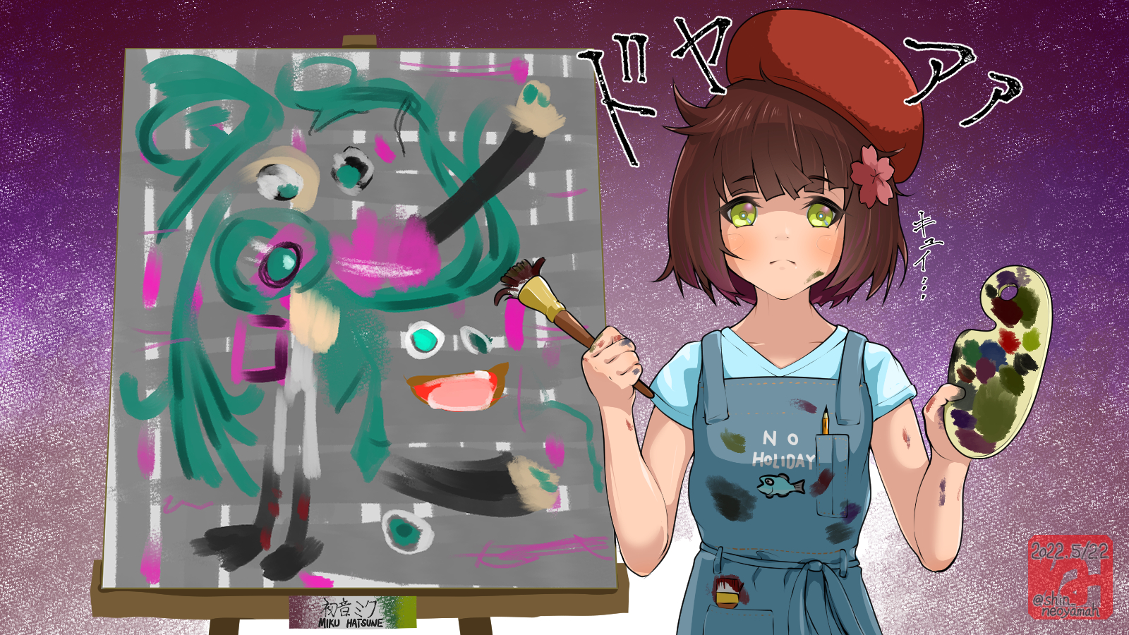 neoyamah, type 4 (girls' frontline), girls' frontline, commentary request, highres, 1girl, art brush, beret, blue overalls, blue shirt, bob cut, brown hair, closed mouth, dirty, dirty clothes, dirty face, easel, flower, frown, green eyes, hair flower, hair ornament, hands up, hat, holding, holding paint palette, holding paintbrush, overalls, paint palette, paintbrush, painting (object), pink flower, red hat, shirt, short hair, short sleeves, solo, standing, upper body