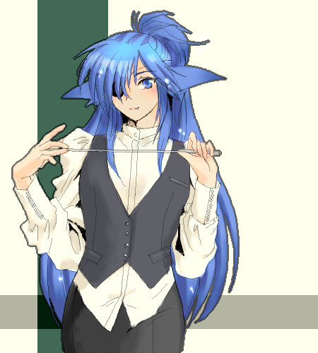 yagisaka seto, follower (yagisaka seto), original, lowres, 1boy, 1girl, animal ears, blue hair, crossdressing, crossdressing (ftm), crossdressing (mtf), eyepatch, female focus, imageboard colors, oekaki, pencil skirt, pointer, skirt, solo, teacher, trap, vest, waistcoat