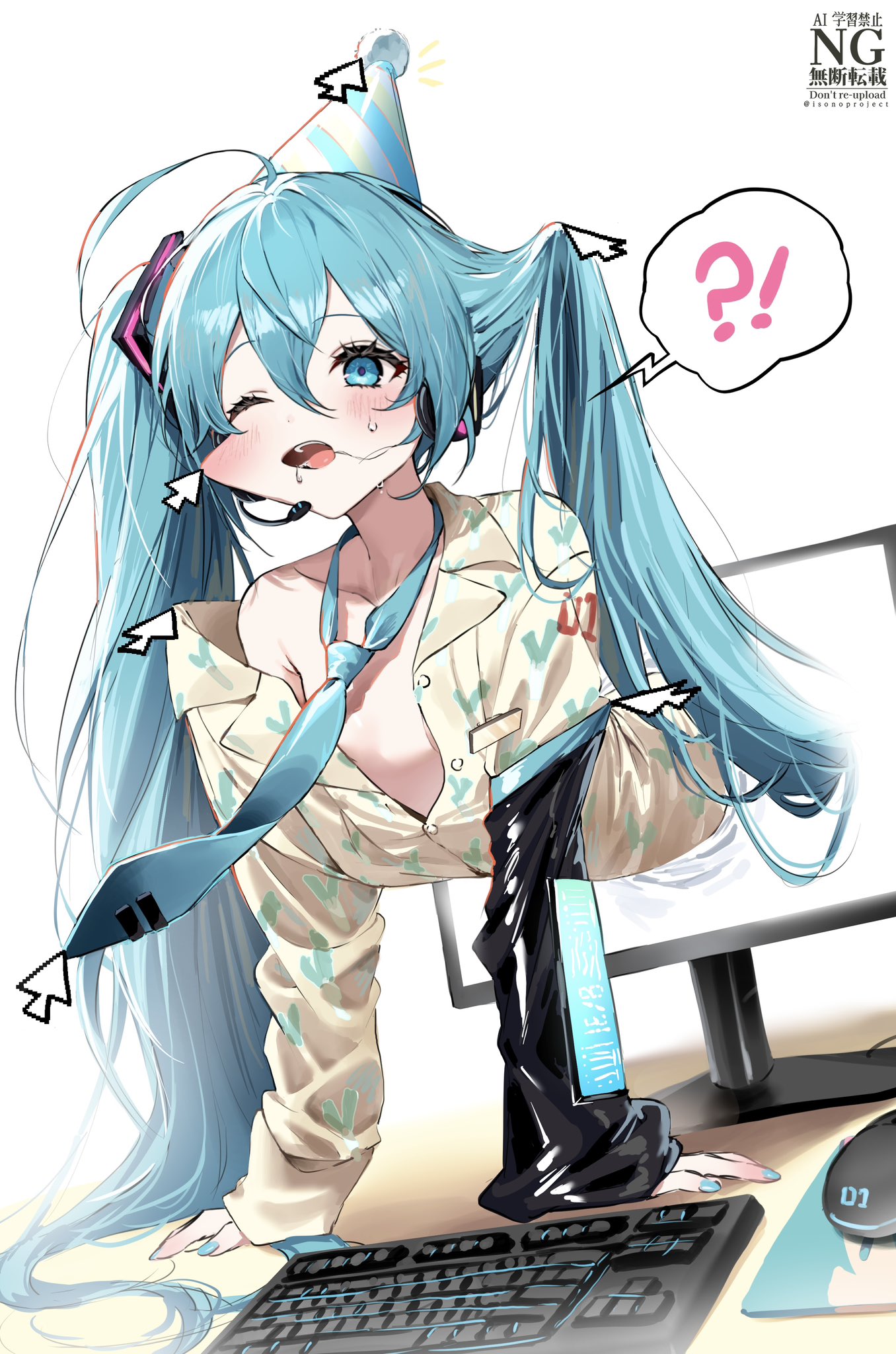 isono (isonoproject), hatsune miku, vocaloid, highres, !?, 1girl, blush, computer keyboard, cursor, detached sleeves, hat, headset, long hair, monitor, necktie, one eye closed, open mouth, shirt, simple background, solo, through medium, through screen, twintails, very long hair, white background