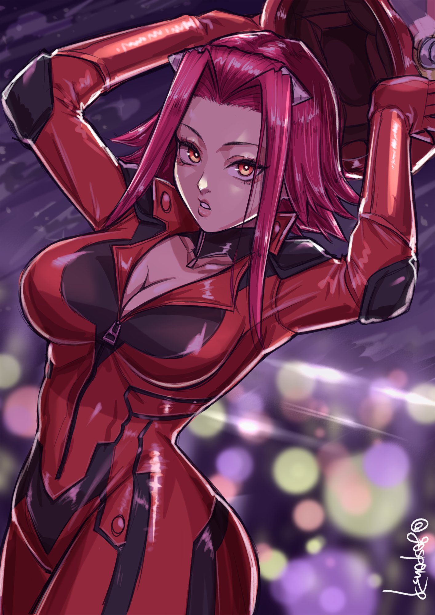 gospon39, izayoi aki, yu-gi-oh!, yu-gi-oh! 5d's, highres, 1girl, ass, blurry, blurry background, bodysuit, breasts, brown eyes, cleavage, cowboy shot, helmet, holding, holding unworn helmet, large breasts, medium hair, red bodysuit, red hair, red helmet, signature, solo, twitter username, unworn headwear, unworn helmet