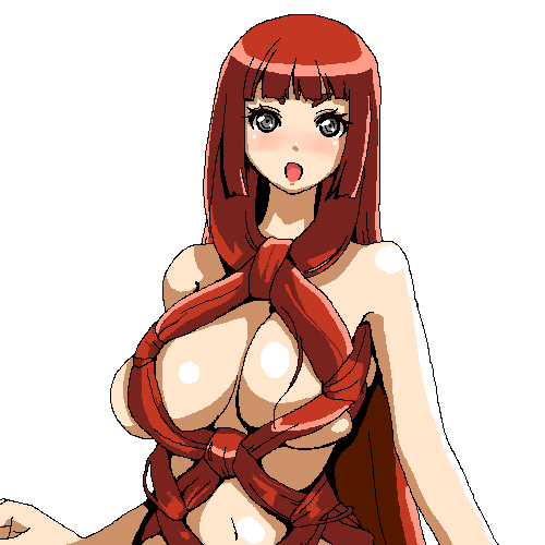 artist request, character request, lowres, 1girl, bdsm, bondage, bound, breasts, female focus, huge breasts, nude, oekaki, red hair, solo