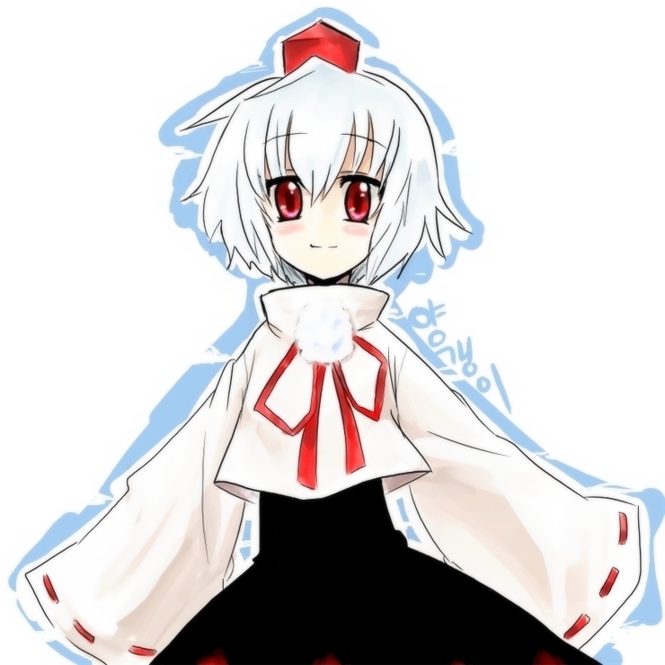inubashiri momiji, touhou, 1girl, albino, animal ears, blush, blush stickers, female focus, hat, korean text, red eyes, simple background, solo, tokin hat, white hair, wolf ears