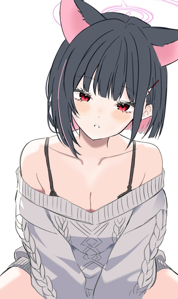 hakusimi 8943, kazusa (blue archive), blue archive, commentary request, 1girl, alternate costume, animal ears, bare shoulders, black bra, black hair, blunt bangs, blunt ends, blush, bob cut, bra, breasts, cat ears, cat girl, cleavage, collarbone, colored inner hair, cowboy shot, extra ears, eyelashes, grey sweater, hair behind ear, halo, leaning forward, looking at viewer, multicolored hair, off-shoulder sweater, off shoulder, parted lips, pink hair, pink halo, red eyes, short hair, simple background, solo, straight hair, sweater, two-tone hair, underwear, v arms, white background