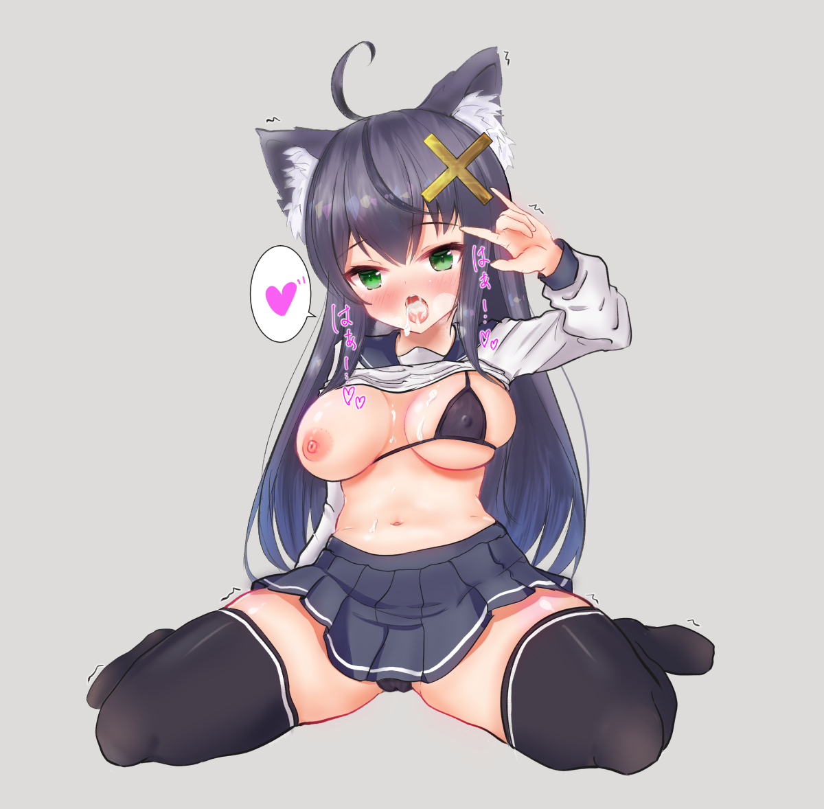 ankuru (ankle art2), kiyohime lore, emil chronicle online, 1girl, ahoge, animal ears, bikini, black bikini, black hair, black pants, black skirt, black thighhighs, blush, breasts, breath, cross hair ornament, cum, cum in mouth, cum on body, cum on breasts, cum on upper body, fake animal ears, green eyes, grey background, hair ornament, heart, large breasts, long hair, micro bikini, navel, nipples, official alternate costume, pants, pleated skirt, school uniform, serafuku, sitting, skirt, solo, spoken heart, swimsuit, thighhighs, w, wariza