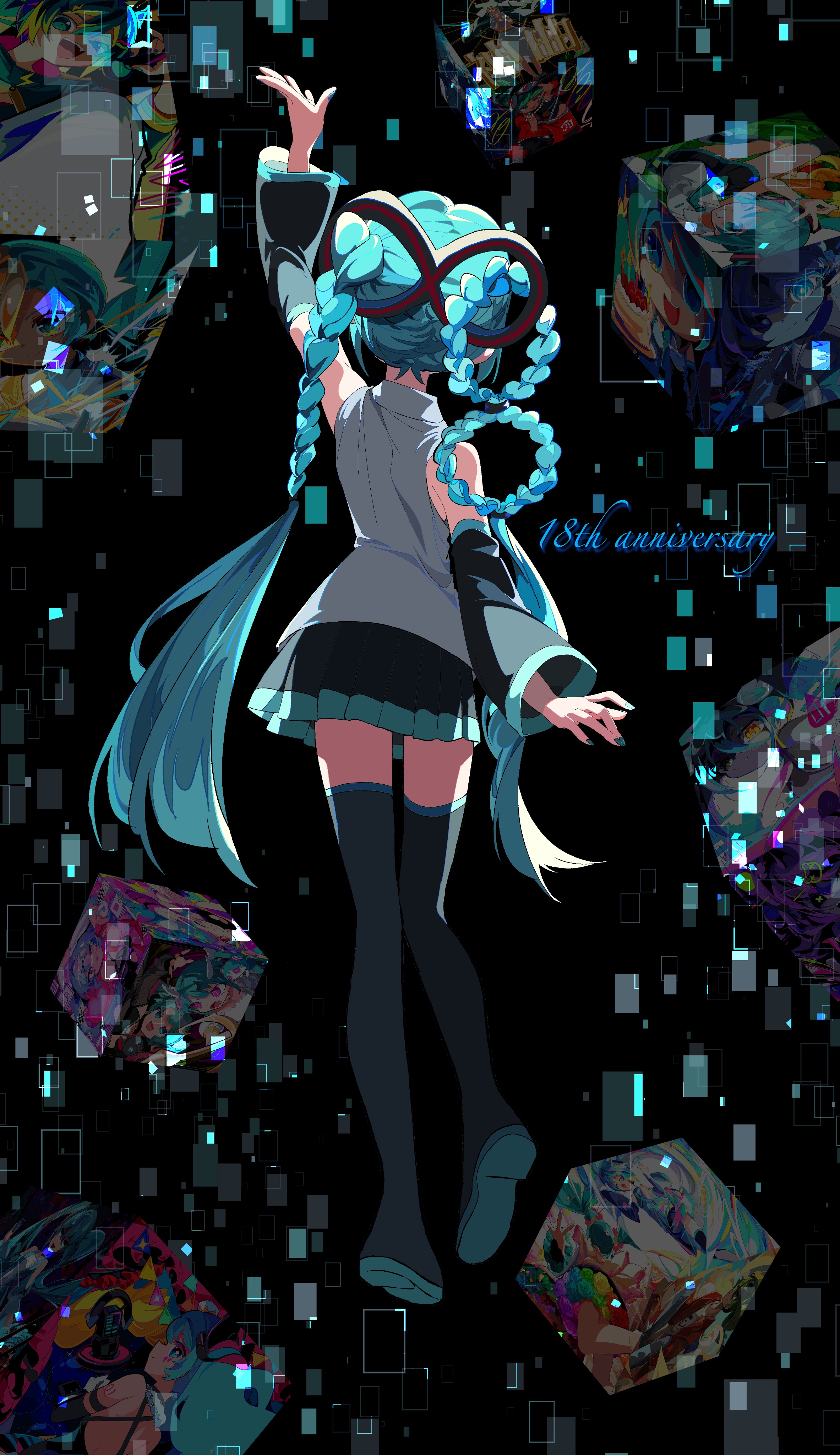 kasaki sakura, aimaina, electric miku (project voltage), ghost miku (project voltage), hatsune miku, hatsune miku (holy goddess), magical mirai miku, magical mirai miku (2019), magical mirai miku (2021), magical mirai miku (2023), margarita blankenheim, mikudayo, neenya (deco27), evillious nendaiki, hibikase (vocaloid), magical mirai (vocaloid), nemurase hime kara no okurimono (vocaloid), nintendo, pokemon, poppippoo (vocaloid), project diva (series), project voltage, rabbit hole (vocaloid), shinkai shoujo (vocaloid), vocaloid, absurdres, commentary request, highres, 1girl, anniversary, aqua hair, arm up, bare shoulders, black background, black skirt, black sleeves, blue hair, boots, braid, detached sleeves, devil janai mon (vocaloid), facing away, from behind, full body, glitch, grey shirt, hair ornament, hair rings, hatsune miku japan tour 2023 ~thunderbolt~, long hair, miniskirt, pleated skirt, shirt, skirt, sleeveless, sleeveless shirt, solo, songover, thigh boots, thighhighs, twin braids, twintails, very long hair, what's up? pop! (vocaloid), zettai ryouiki