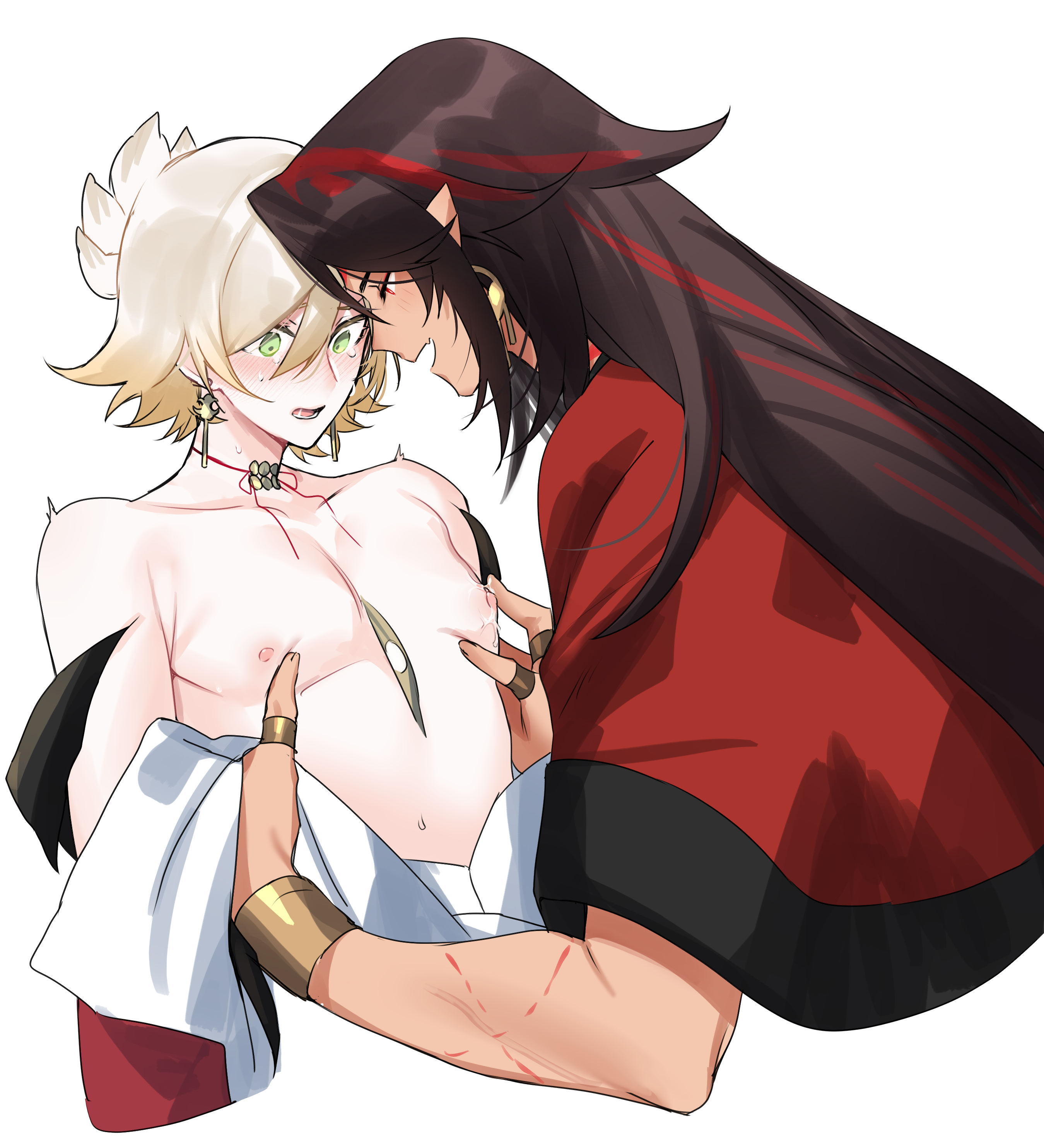konsai 2, asura (onmyoji), taishakuten (onmyoji), onmyoji, absurdres, commentary request, highres, 2boys, black hair, blonde hair, blush, collarbone, earrings, green eyes, jewelry, long hair, looking at another, male focus, male lactation, multicolored hair, multiple boys, nervous sweating, nipples, open mouth, red hair, short hair, simple background, streaked hair, string choker, sweat, white background, yaoi
