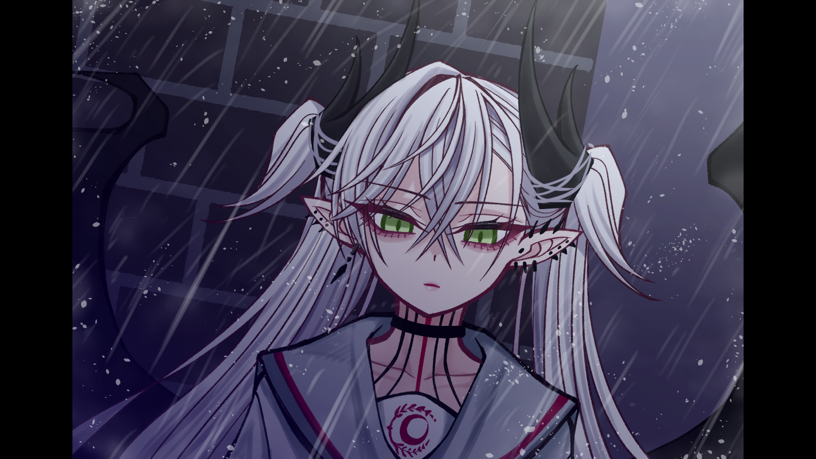 mcpc zamurai, larva tiamat (fate), lilith (fate), tiamat (fate), fate/grand order, fate (series), highres, 1girl, bat wings, collarbone, cosplay, demon horns, earrings, green eyes, horns, jewelry, larva tiamat (fate) (cosplay), larva tiamat (swimsuit archer) (second ascension) (fate), looking at viewer, neck tattoo, parody, rain, sailor collar, school uniform, solo, tattoo, twintails, white hair, wings