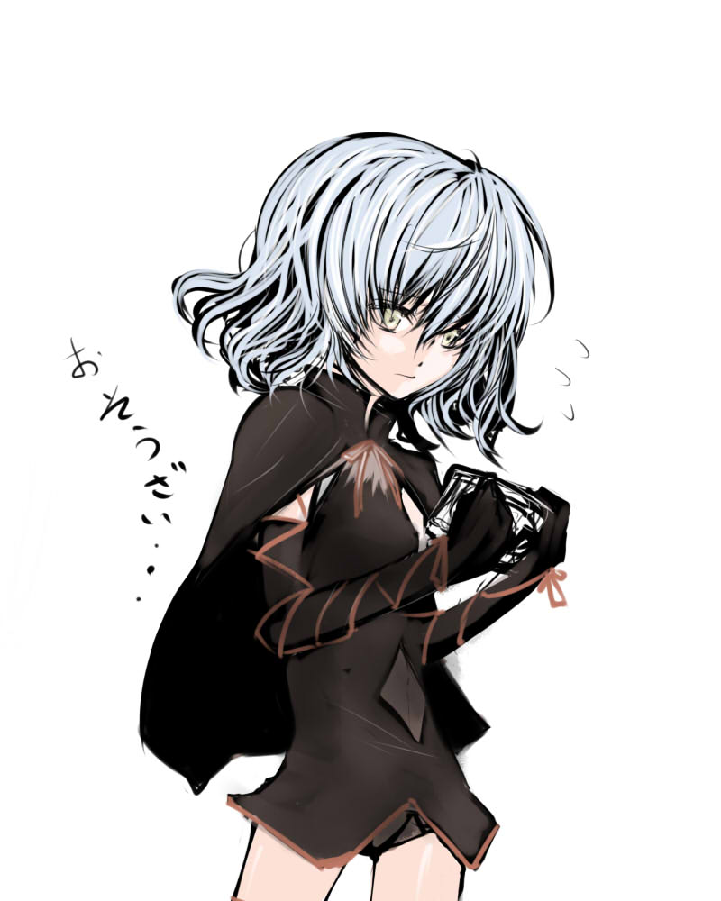 kae (artist), bell zephyr, night wizard, silver hair, 00s, 1girl, black dress, black gloves, dress, expressionless, female focus, gloves, grey eyes, looking at viewer, simple background, skin tight, solo, standing, white background